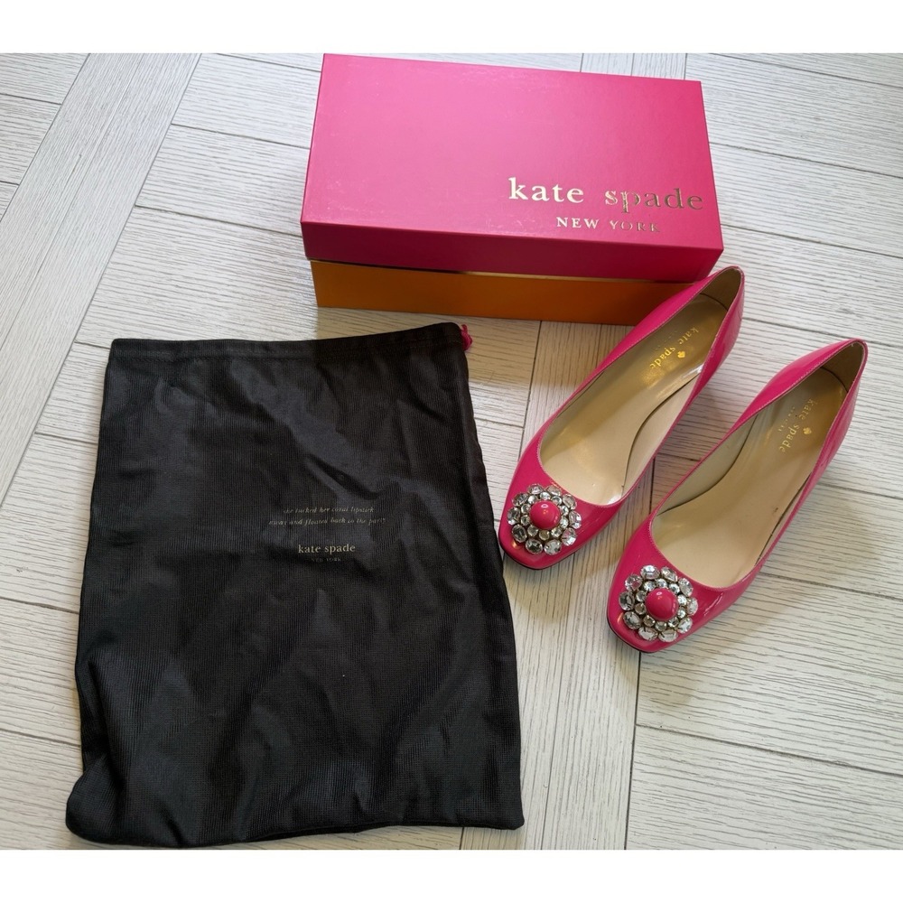 Kate Spade Decadent Lipstick Pink Patent Leather  2" Block Heel Shoe Jeweled 7.5